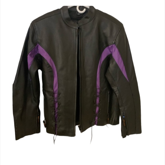 NWT  LEATHER BIKER JACKET  BK/PURPLE - Picture 1 of 7